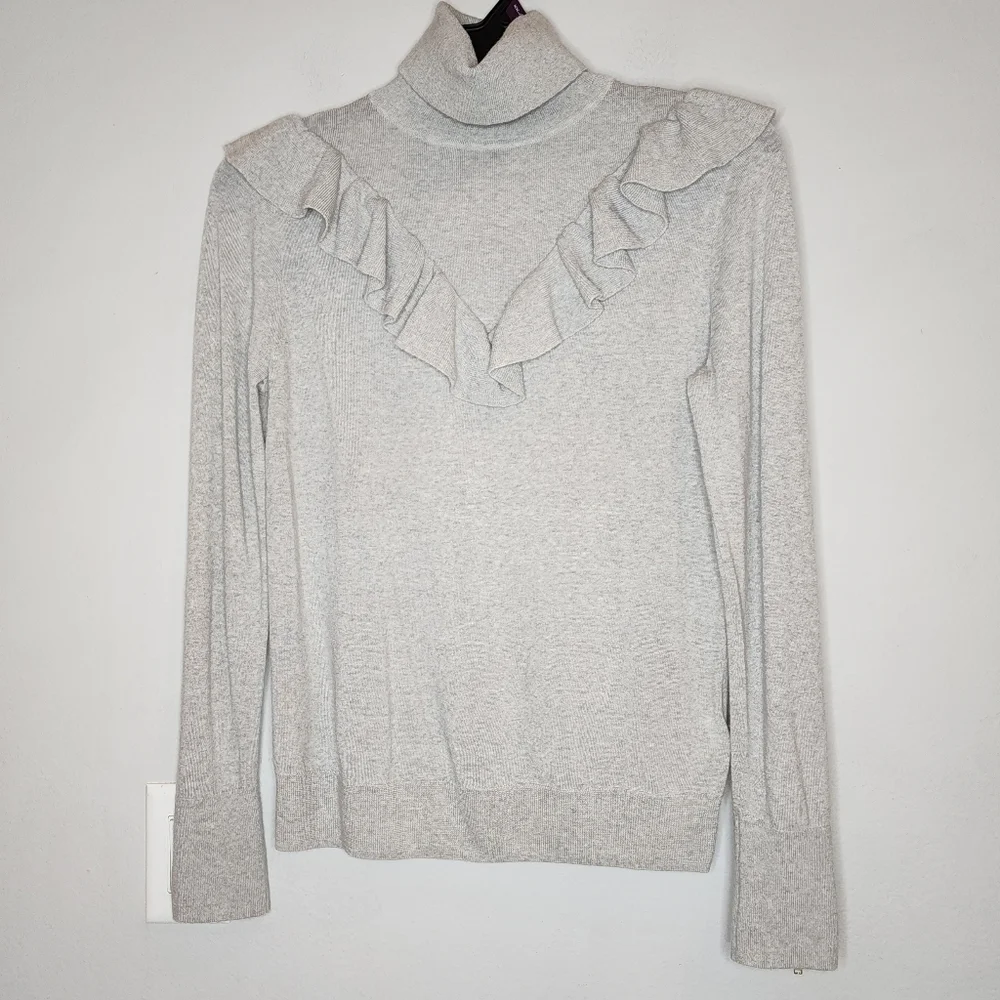 J. Crew Merino Wool Grey Turtleneck Ruffle Sweater Zip‎ Cuffs Size Medium